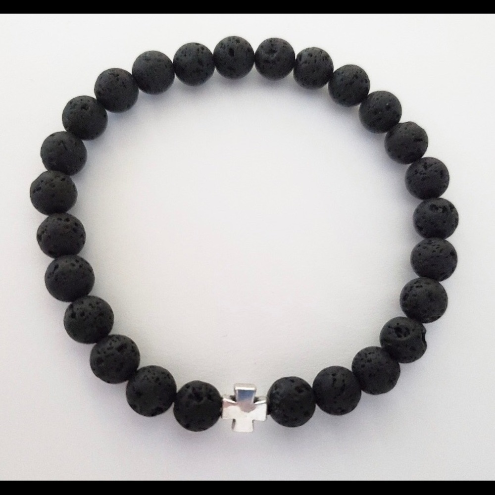 Cross Bracelet with Black Lava Beads